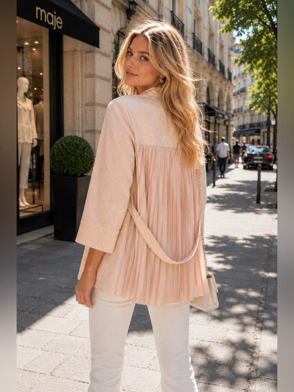 NWOT MAJE Paris Blush Pink Jacquard Pleated Back Jacket (ptp 18”)